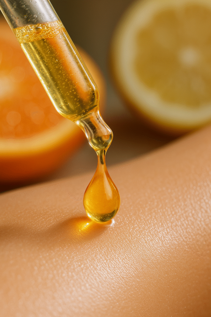 Close-up macro shot of a dropper applying Avon Vitamin C Serum with citrus fruits in the background, showcasing brightening skincare benefits