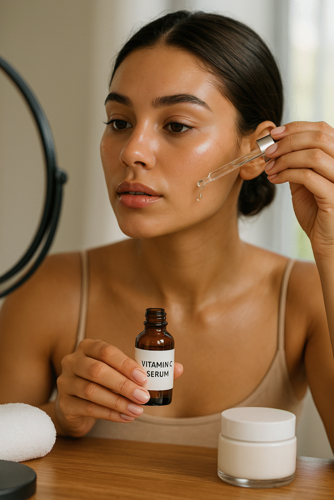 Woman applying Avon Vitamin C Serum with a glass dropper in front of a round mirror, radiant skin highlighted in natural daylight.