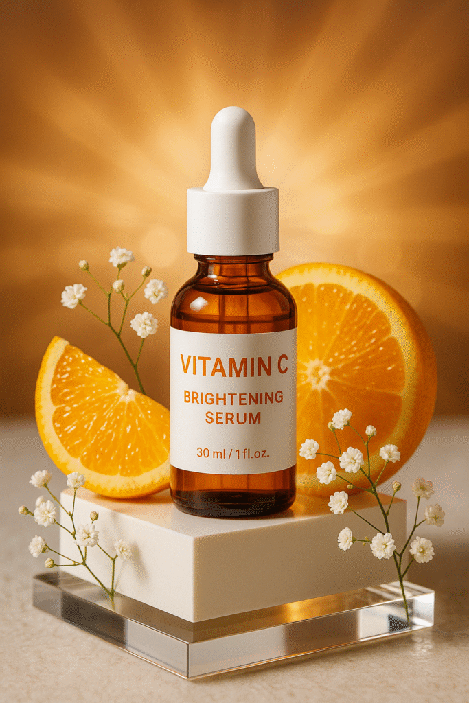 Avon Vitamin C Serum bottle styled on a white pedestal with orange slices and flowers, glowing light rays in the background for radiant effect.