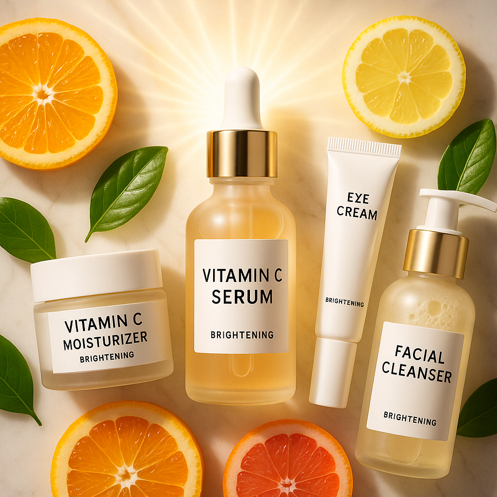 Editorial flat lay of a frosted glass serum bottle with citrus accents on marble