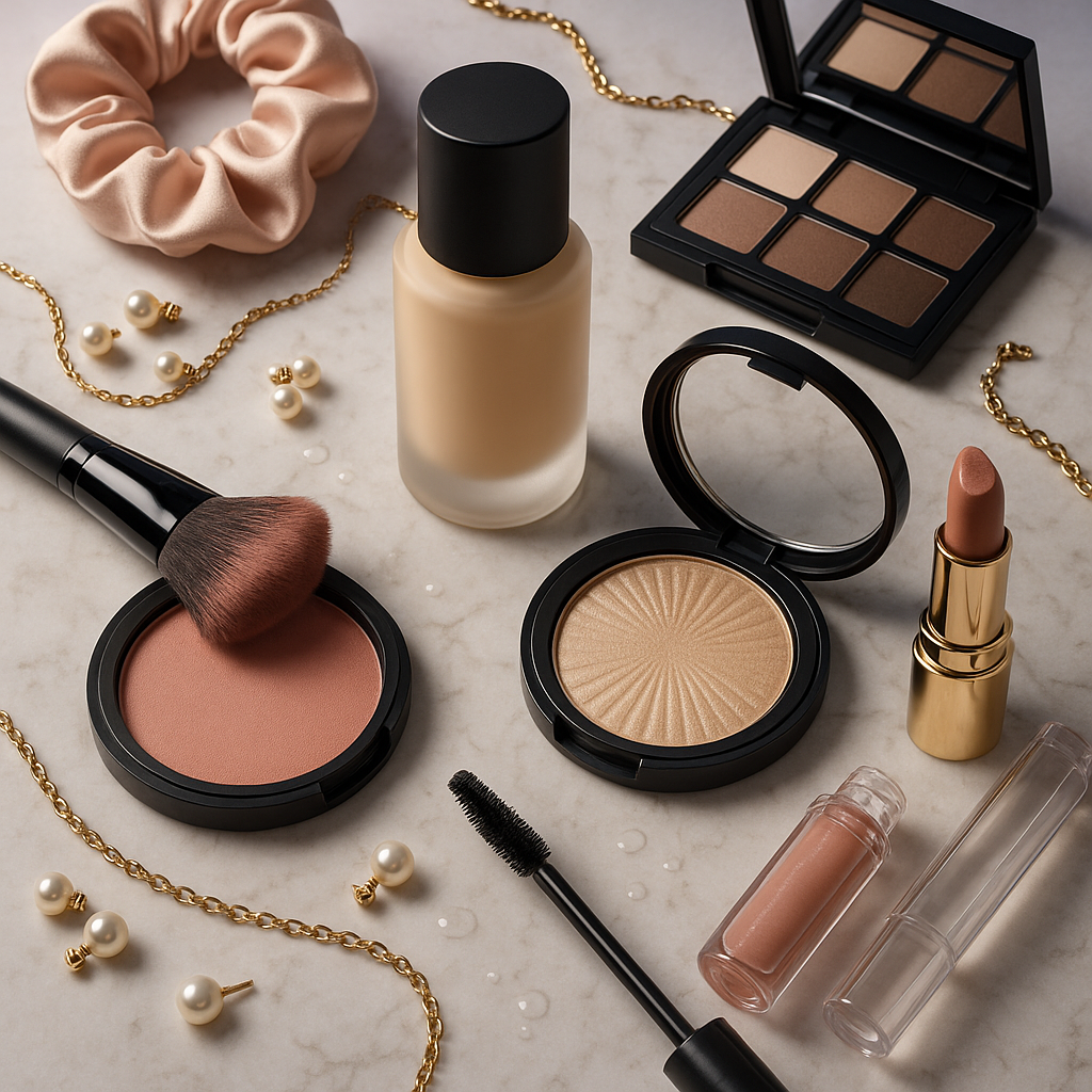 Minimal glam makeup flat lay with lipstick and brushes